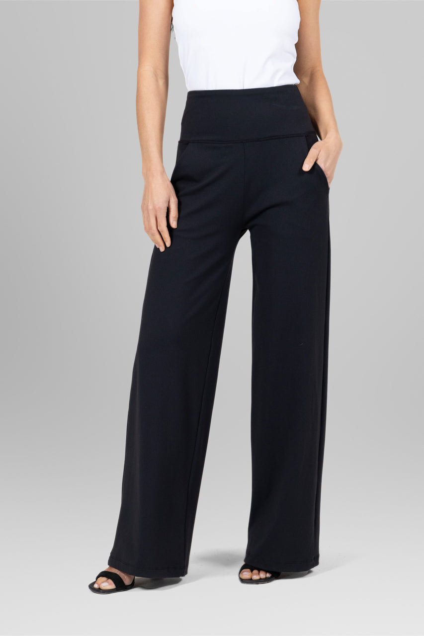 HIGH WAIST WIDE LEG PANT: BLACK W/ LOGO