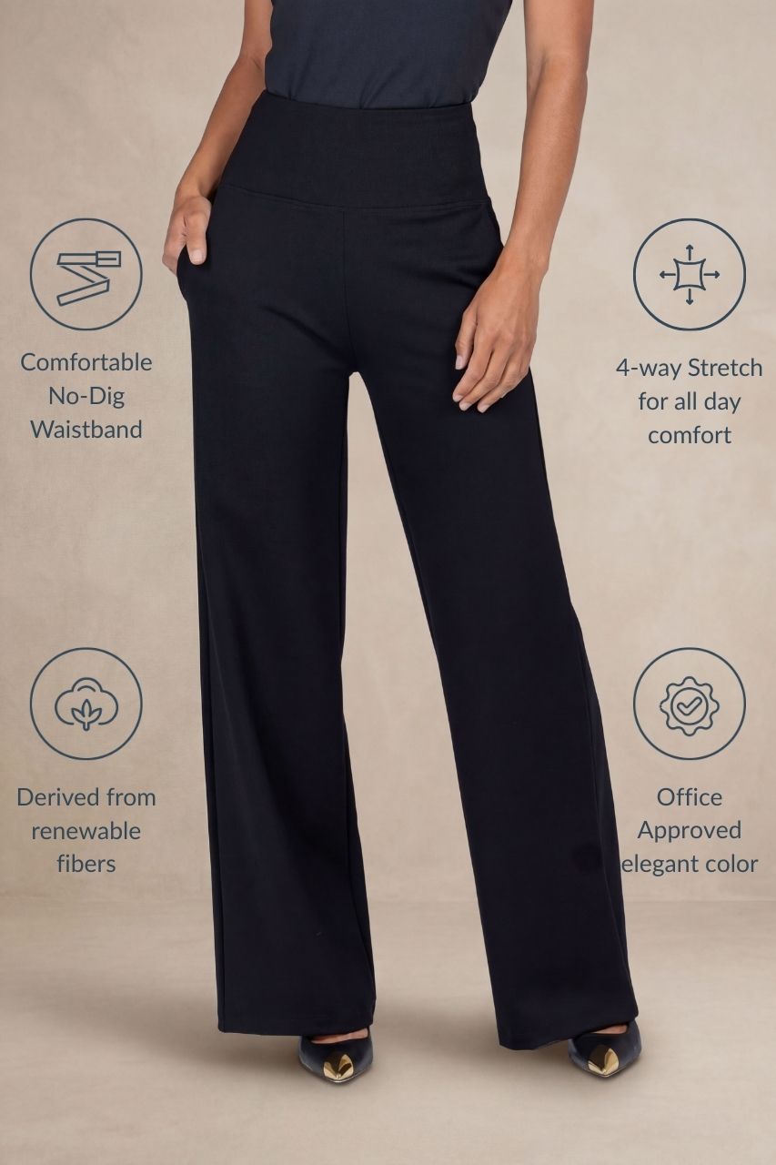 Black pants with text highlighting features on a beige background