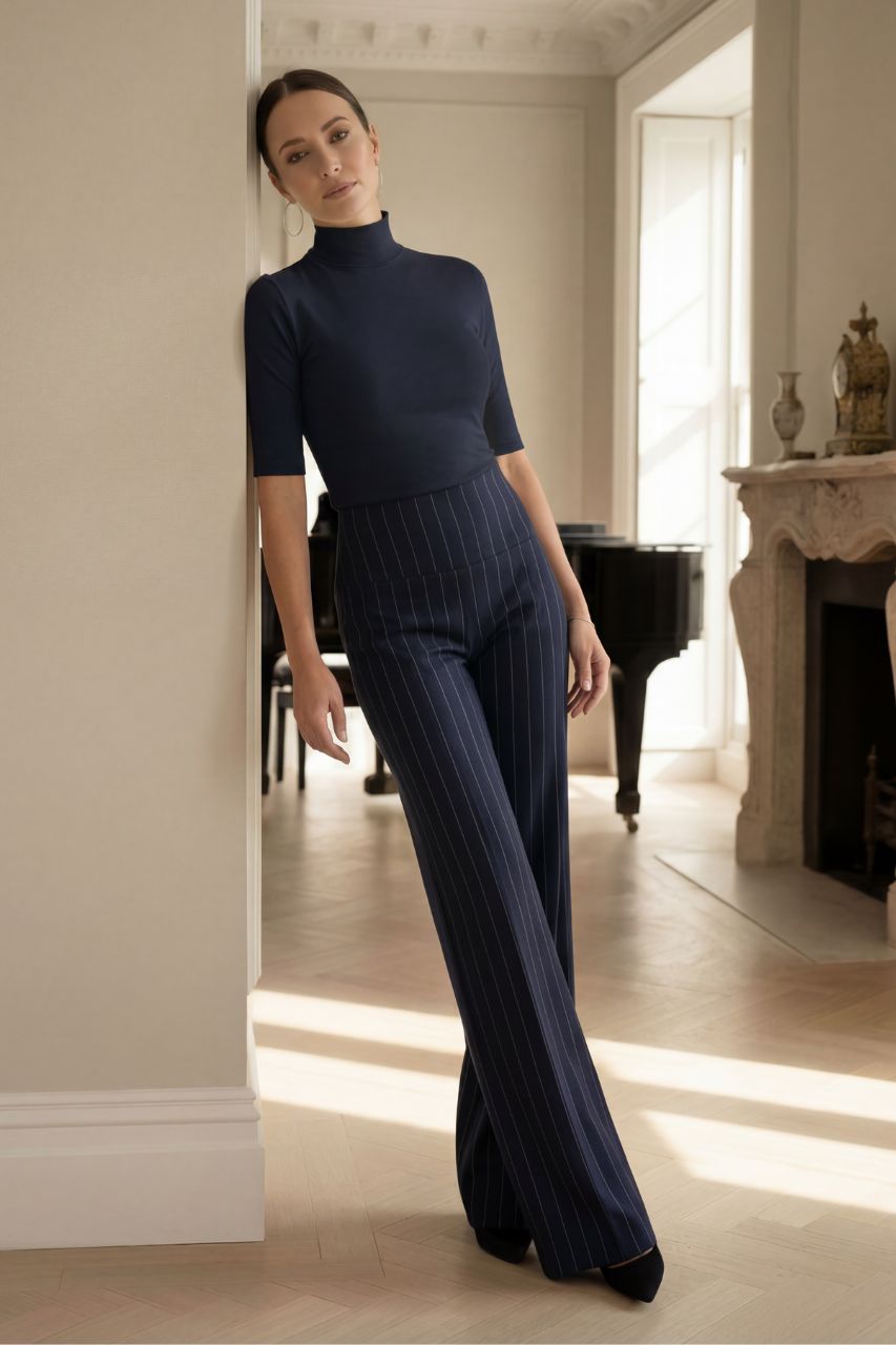 HIGH WAIST WIDE LEG PANT: NAVY PINSTRIPE