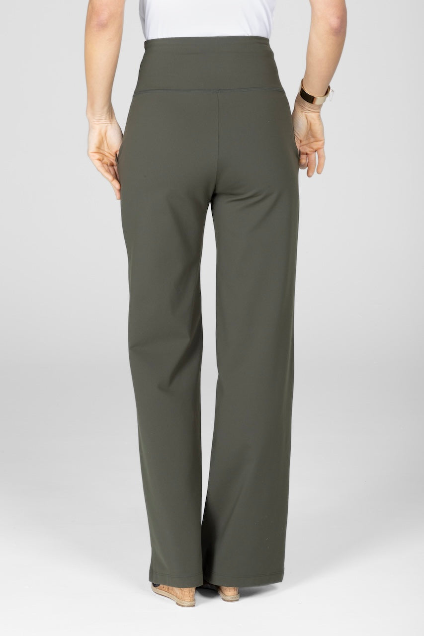 Back view of high waist wide leg pant in forest green