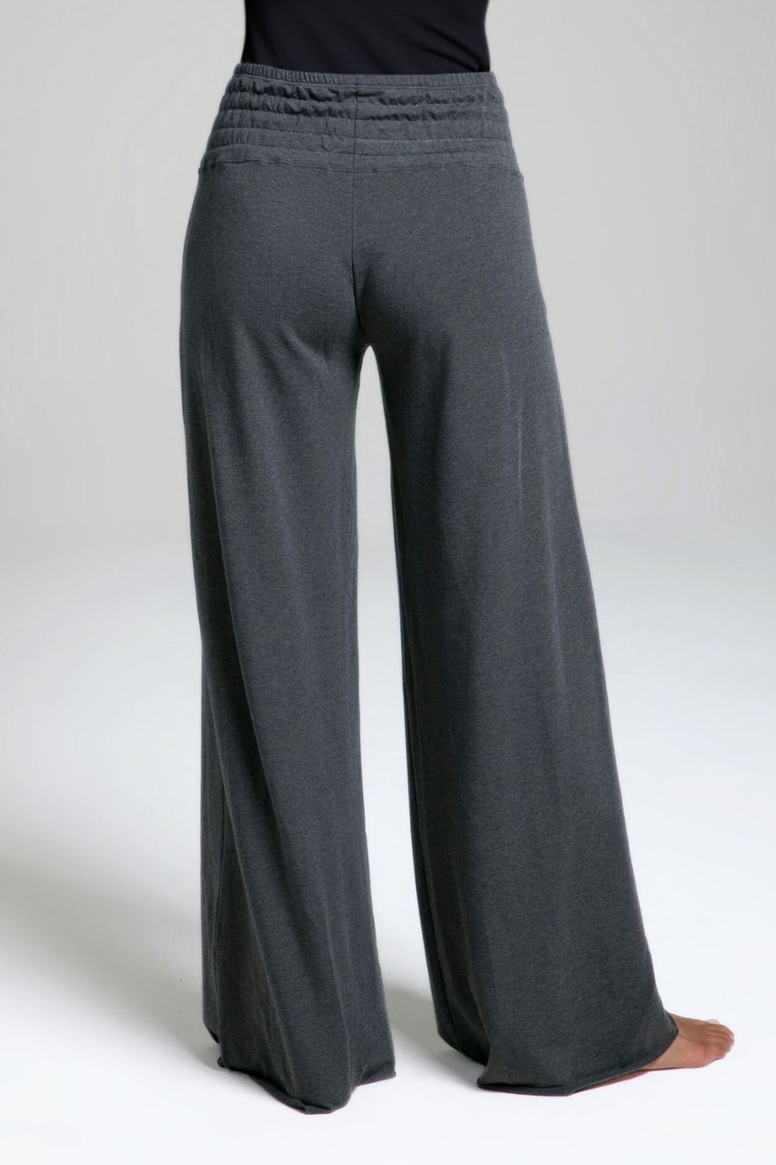 Back view of gray wide-leg pants on a white background