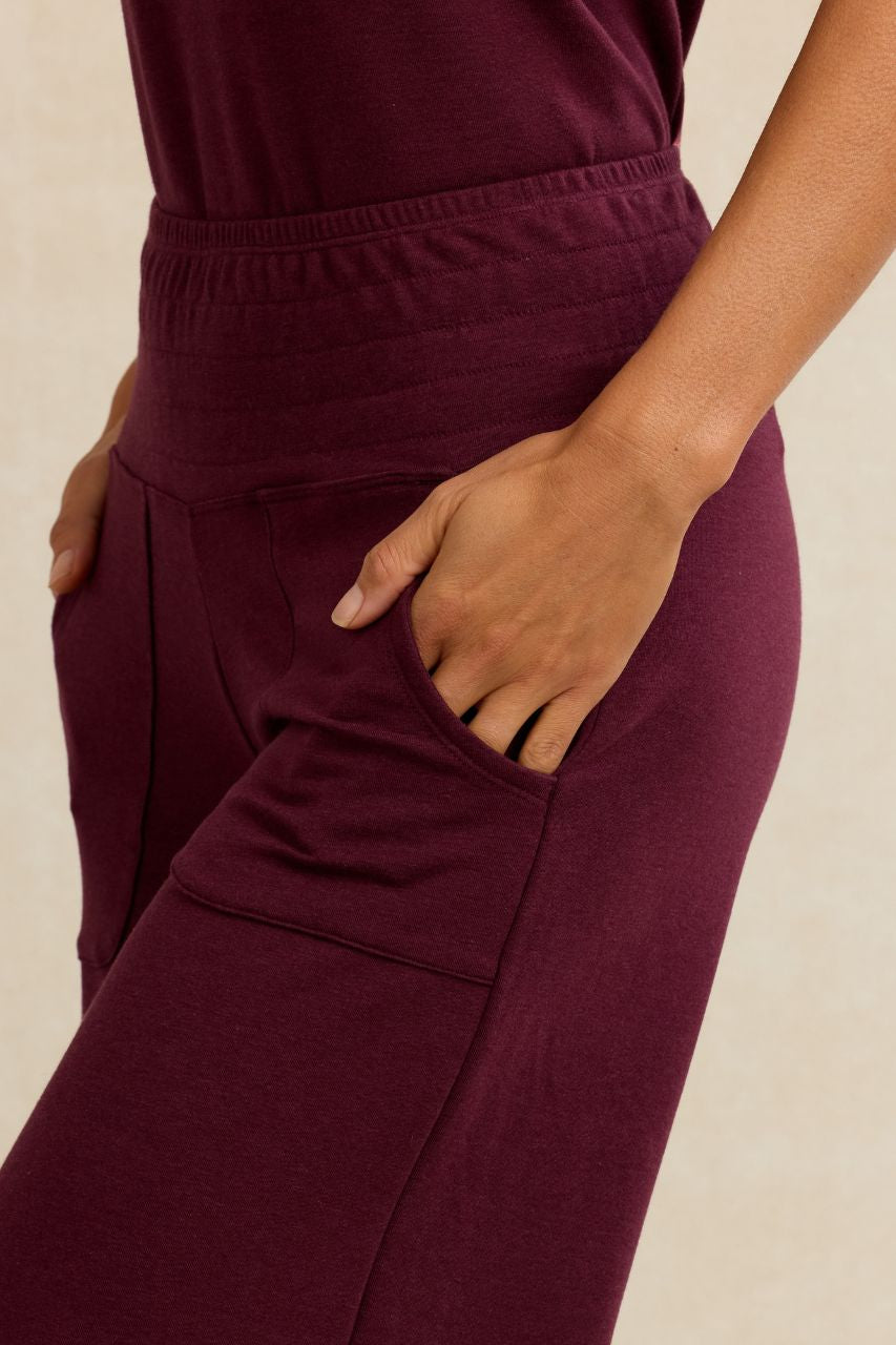 KIRAGRACE COZY BOHO CROP YOGA PANT: BURGUNDY