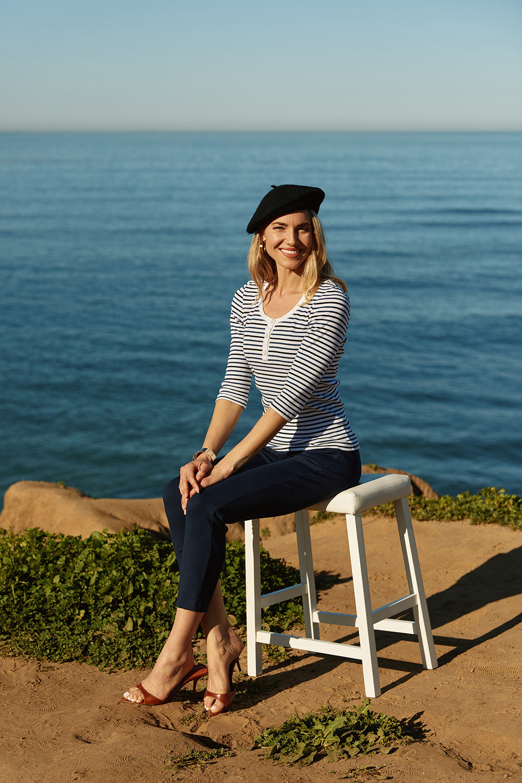 ELBOW SLEEVE SWEATER: NAVY BLACK STRIPE