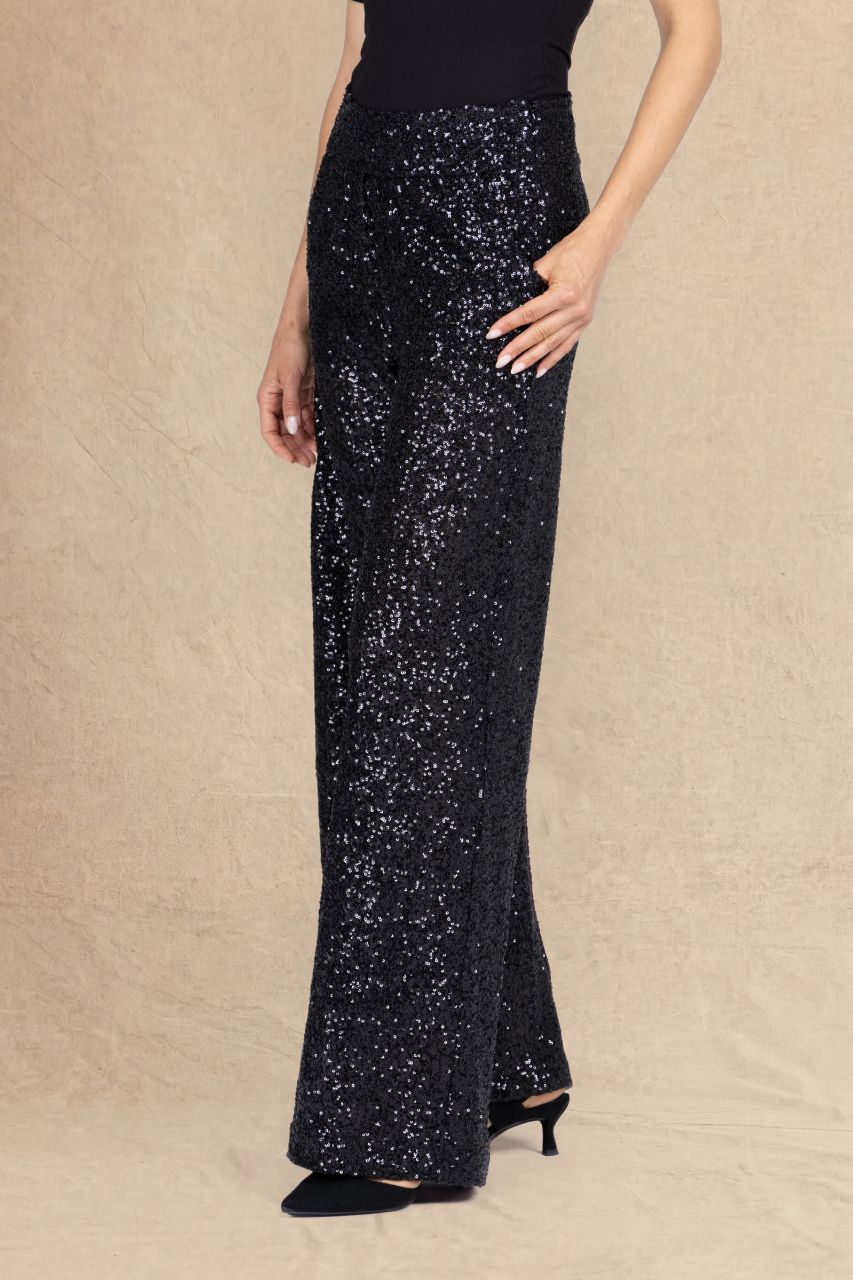 A model wearing a black sequined pant with a wide leg silhouette, paired with a black top and black pointed-toe heels, standing against a textured beige backdrop.