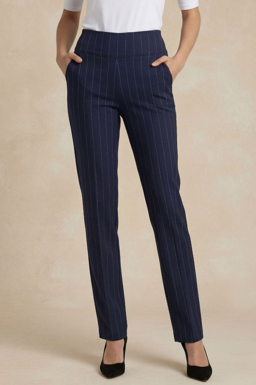 NINA STRAIGHT LEG PANT: NAVY PINSTRIPE