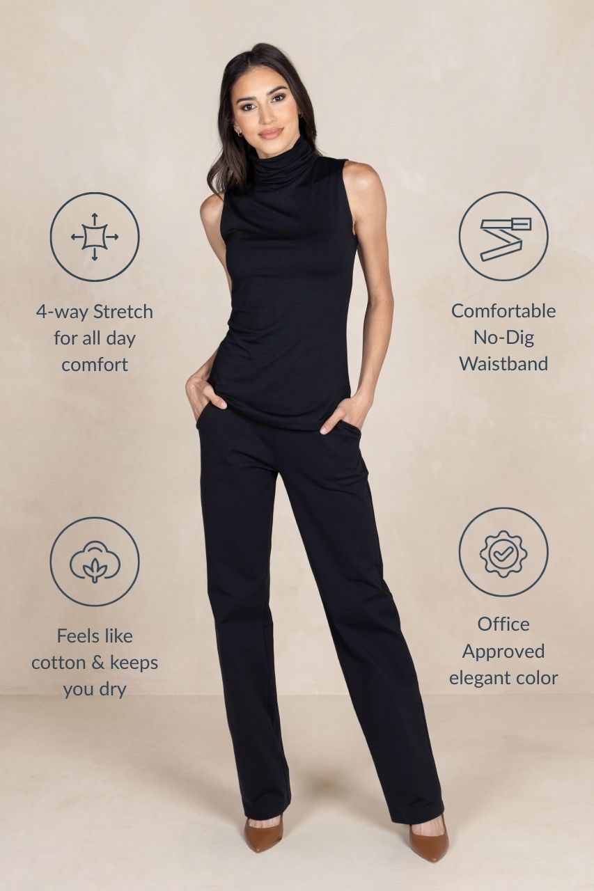 Woman wearing a black sleeveless top and pants with text highlighting features on a beige background