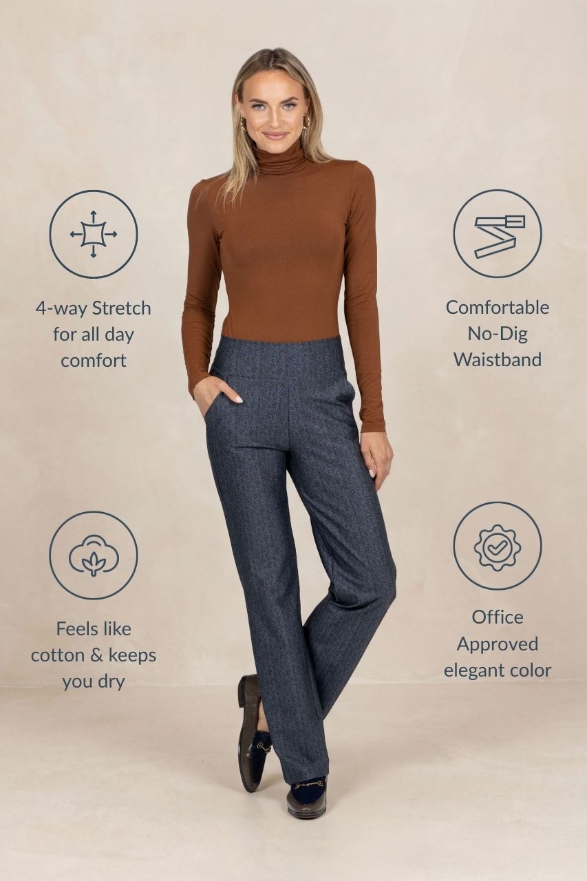 Woman wearing a brown turtleneck and gray tartan pants with product features highlighted on a beige background