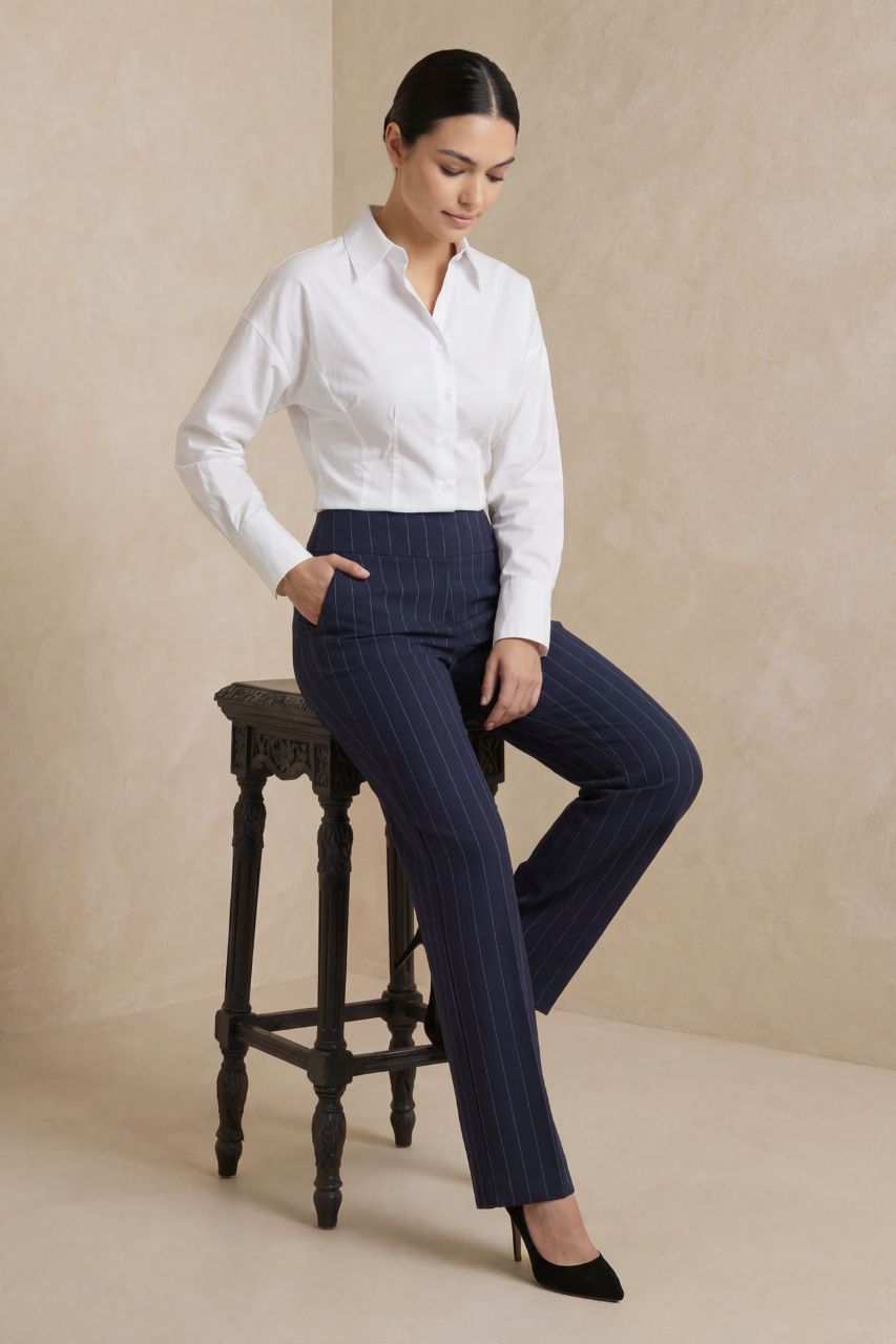 NINA STRAIGHT LEG PANT: NAVY PINSTRIPE