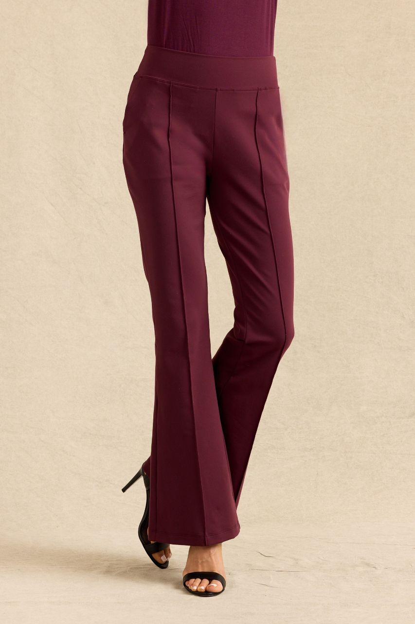 VICTORIA HIGH WAIST FLARE PANT: BURGUNDY