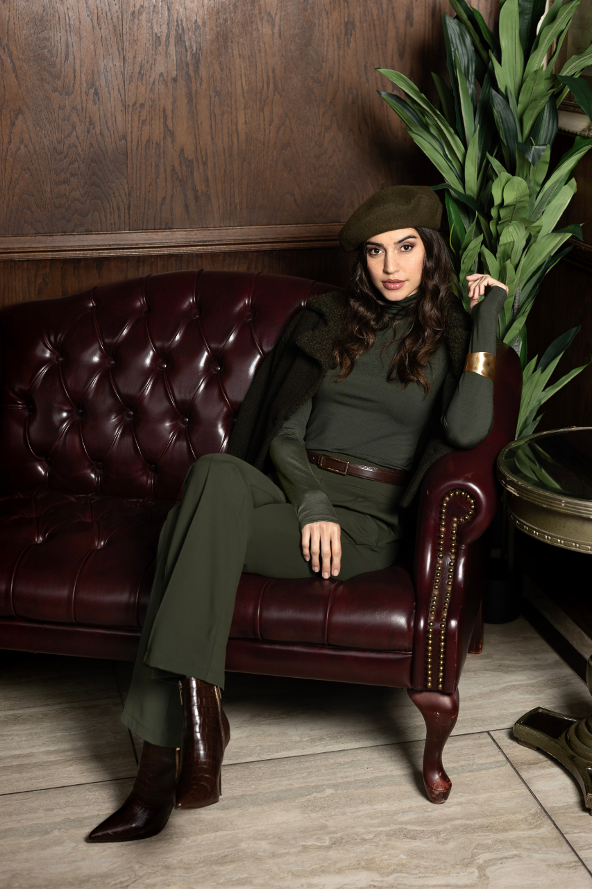 VICTORIA HIGH WAIST FLARE PANT: LODEN