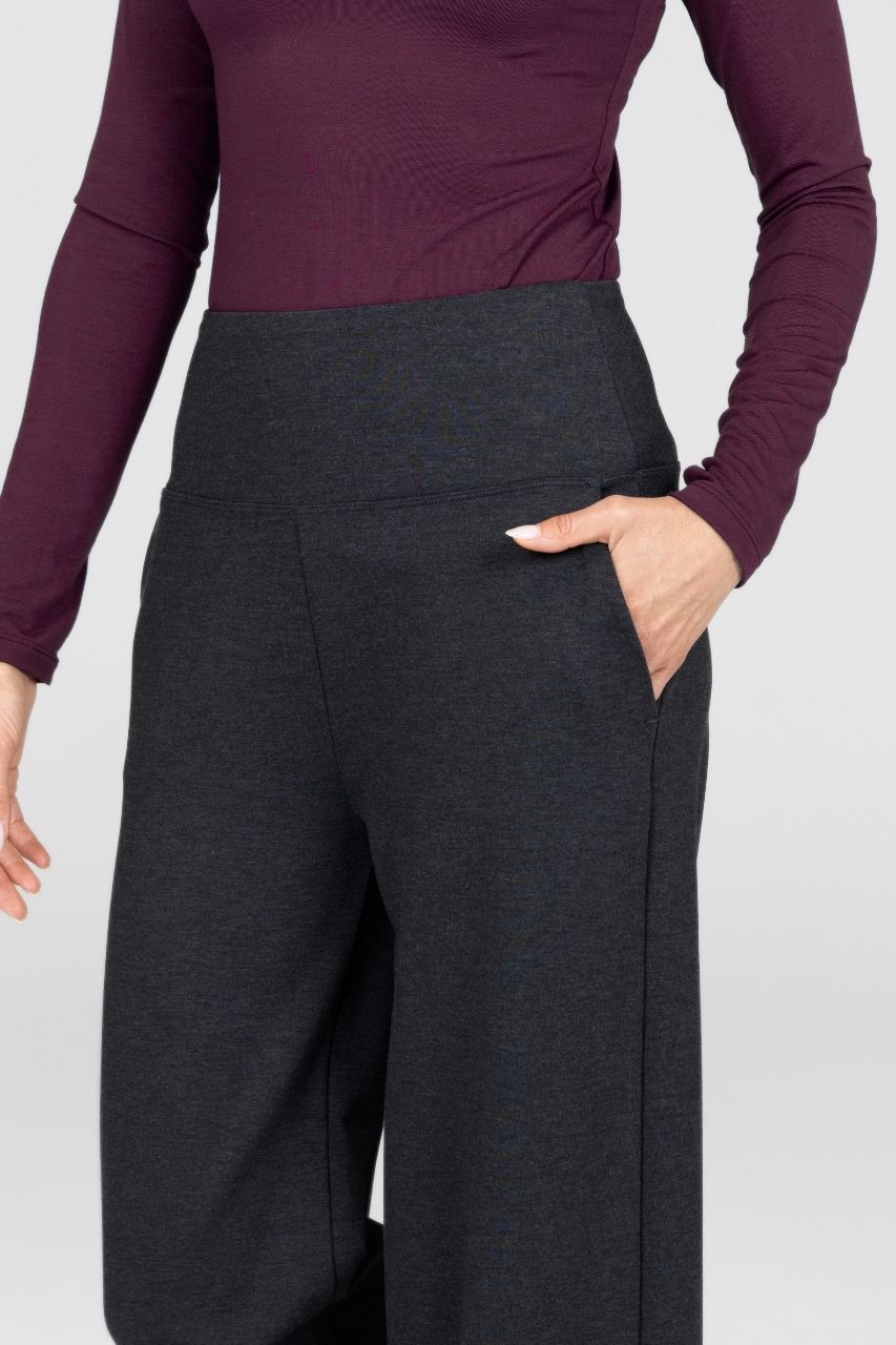 Close up view of grey high waisted pants