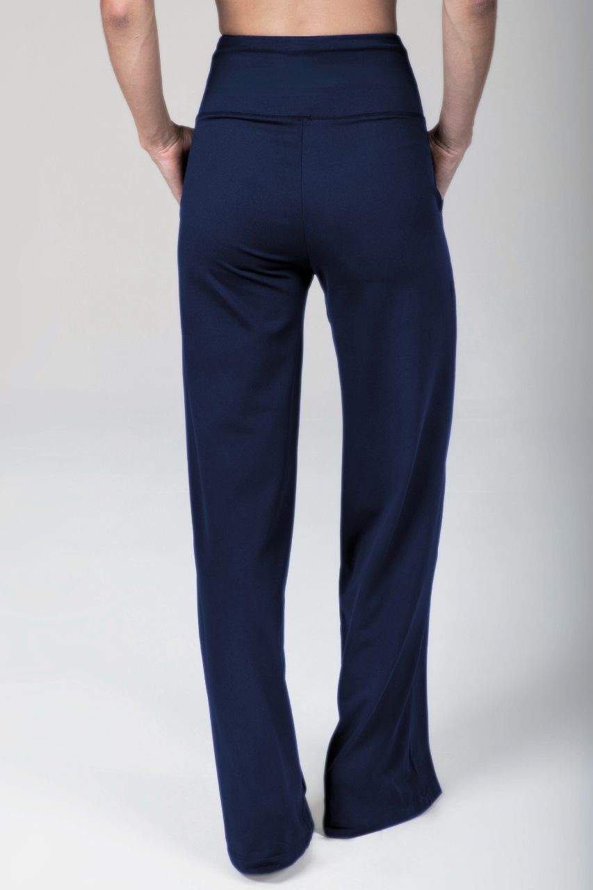 Back view of navy blue wide-leg pants on a white background