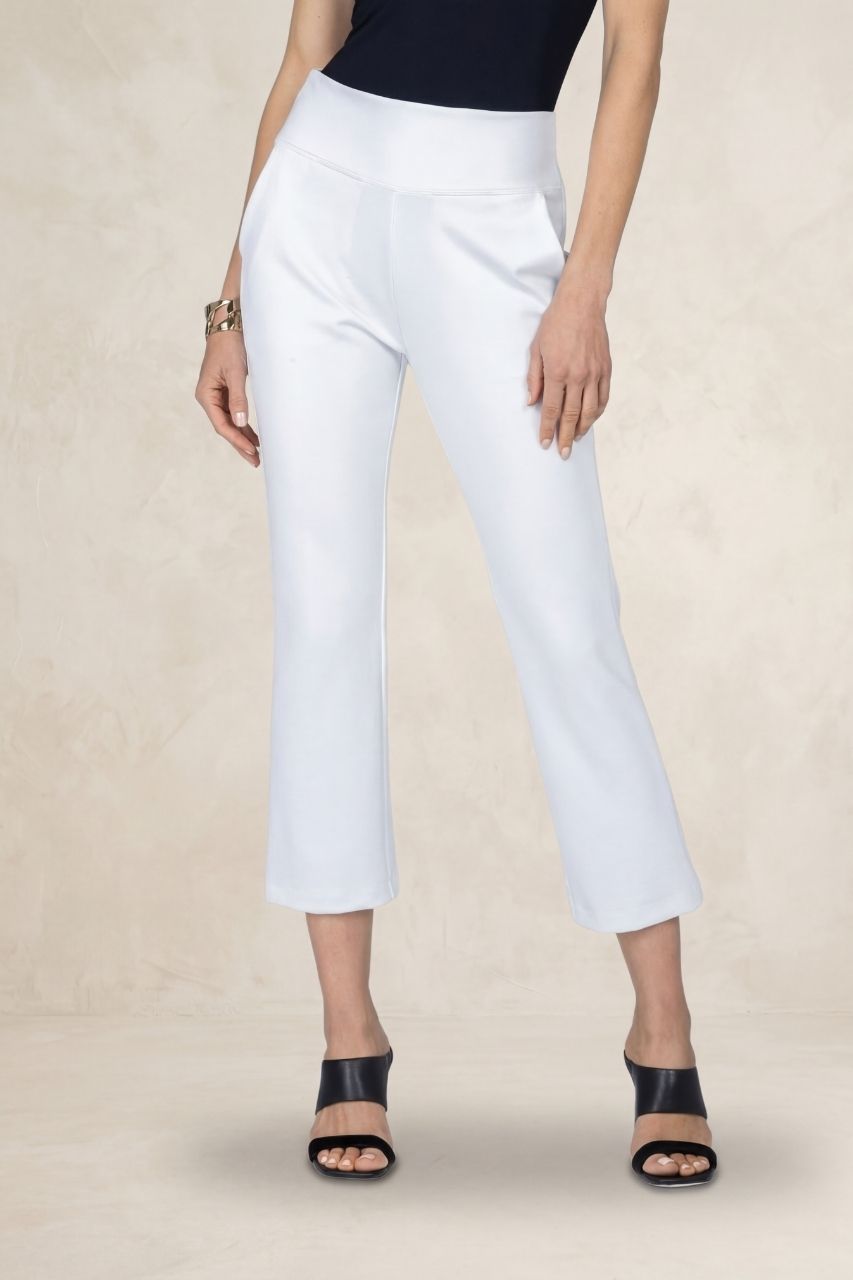 HIGH WAIST KICK FLARE PANT: WHITE PONTE