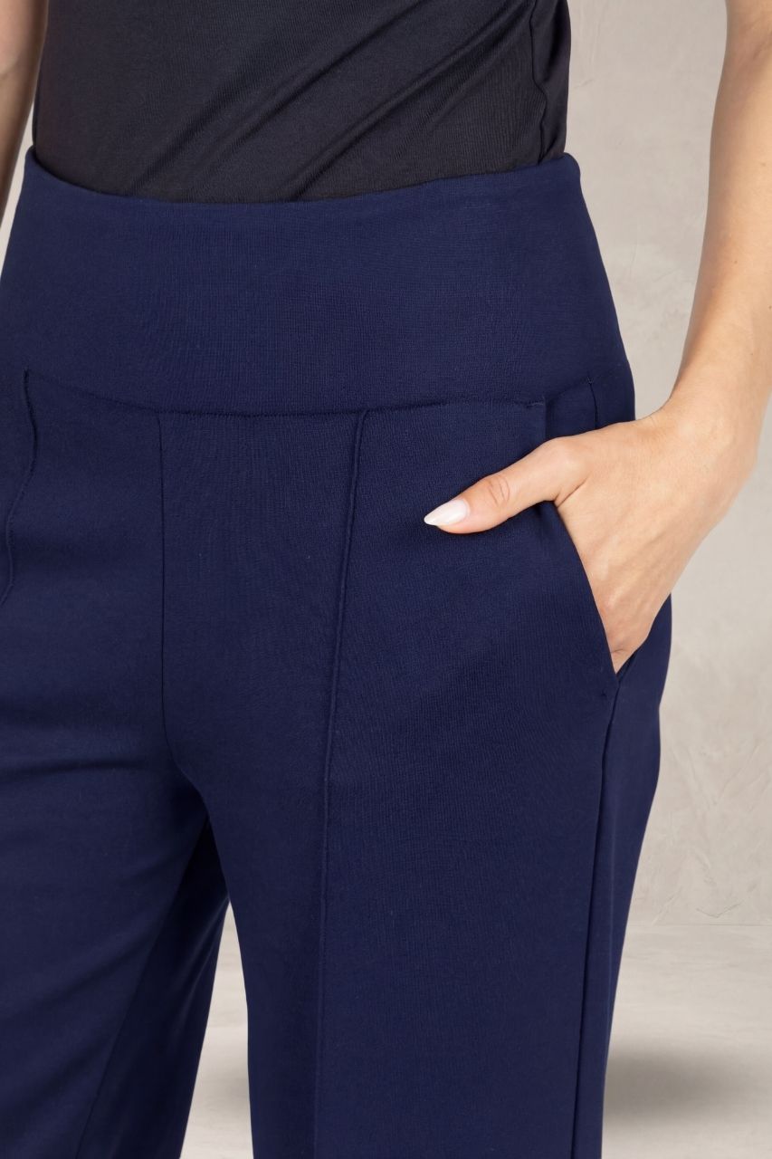 Close up view of a model wearing navy blue pintuck pants