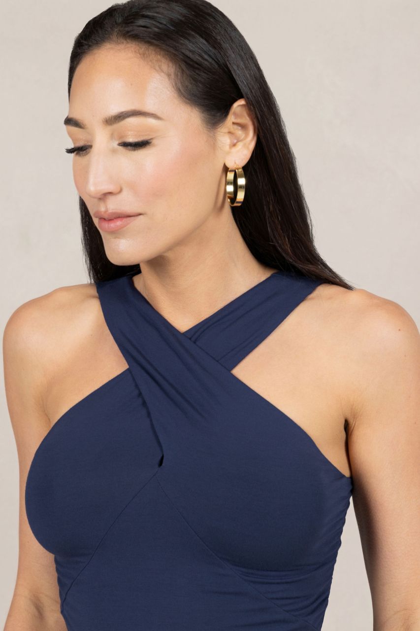 halter top navy blue dress Ruffled - Maxi Dress - High-Low Dress 5 foot 8 inches Model is wearing a size S Short Ptom Dress Homecoming |