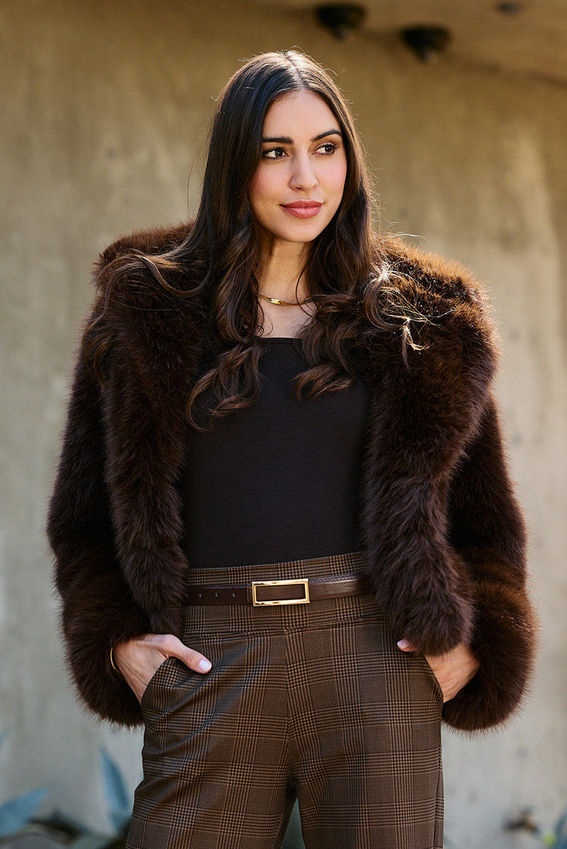 FAUX FUR BOMBER: SABLE BROWN