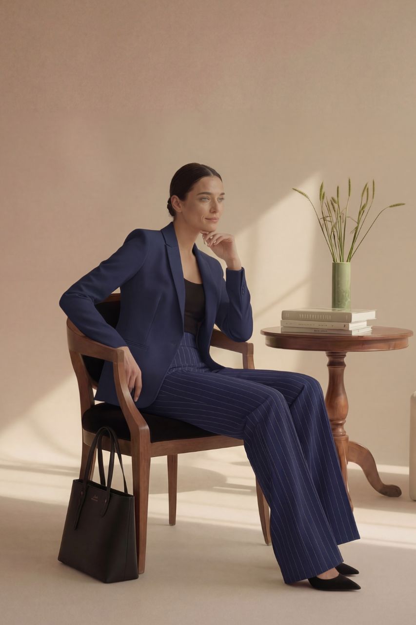 HIGH WAIST WIDE LEG PANT: NAVY PINSTRIPE