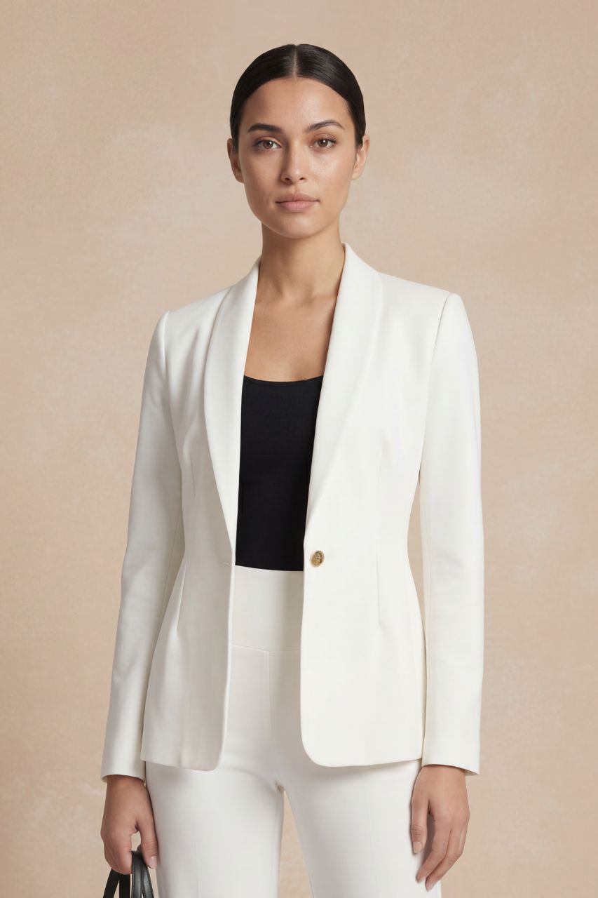 Woman wearing a white blazer over a black top on a beige background