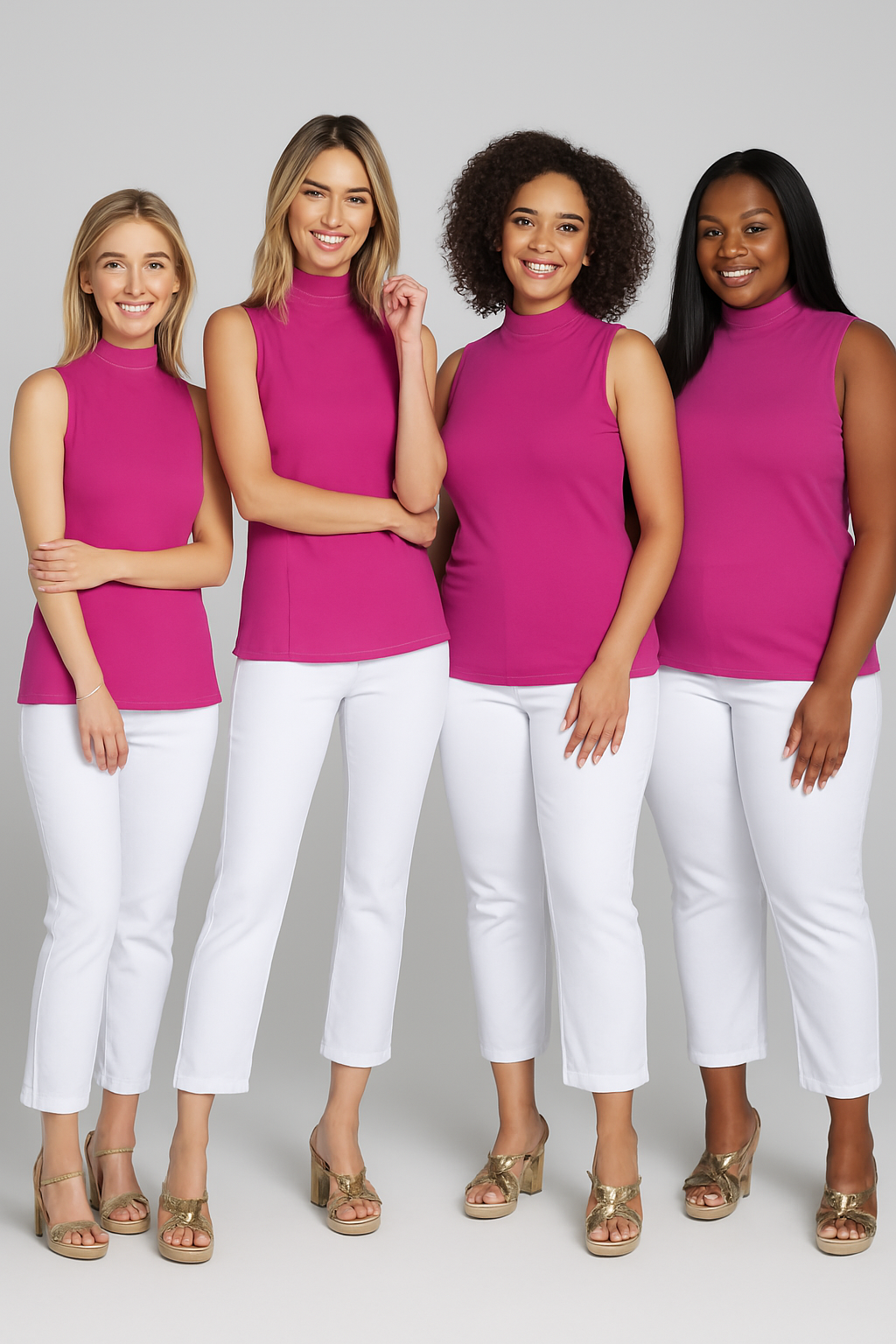 Group photo of four women wearing the same outfit with a hot pink mock neck top and white ankle pants