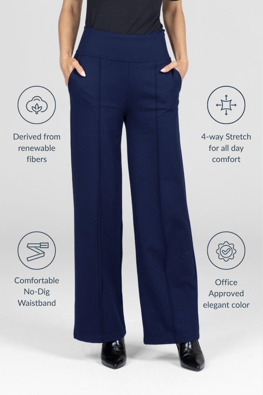 Navy blue high waisted pants with text highlighting features on a white background