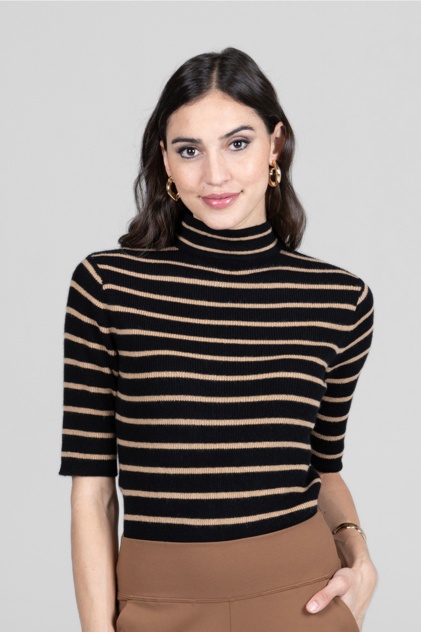 GRACE MOCKNECK TEE: BLACK KHAKI CASHMERE