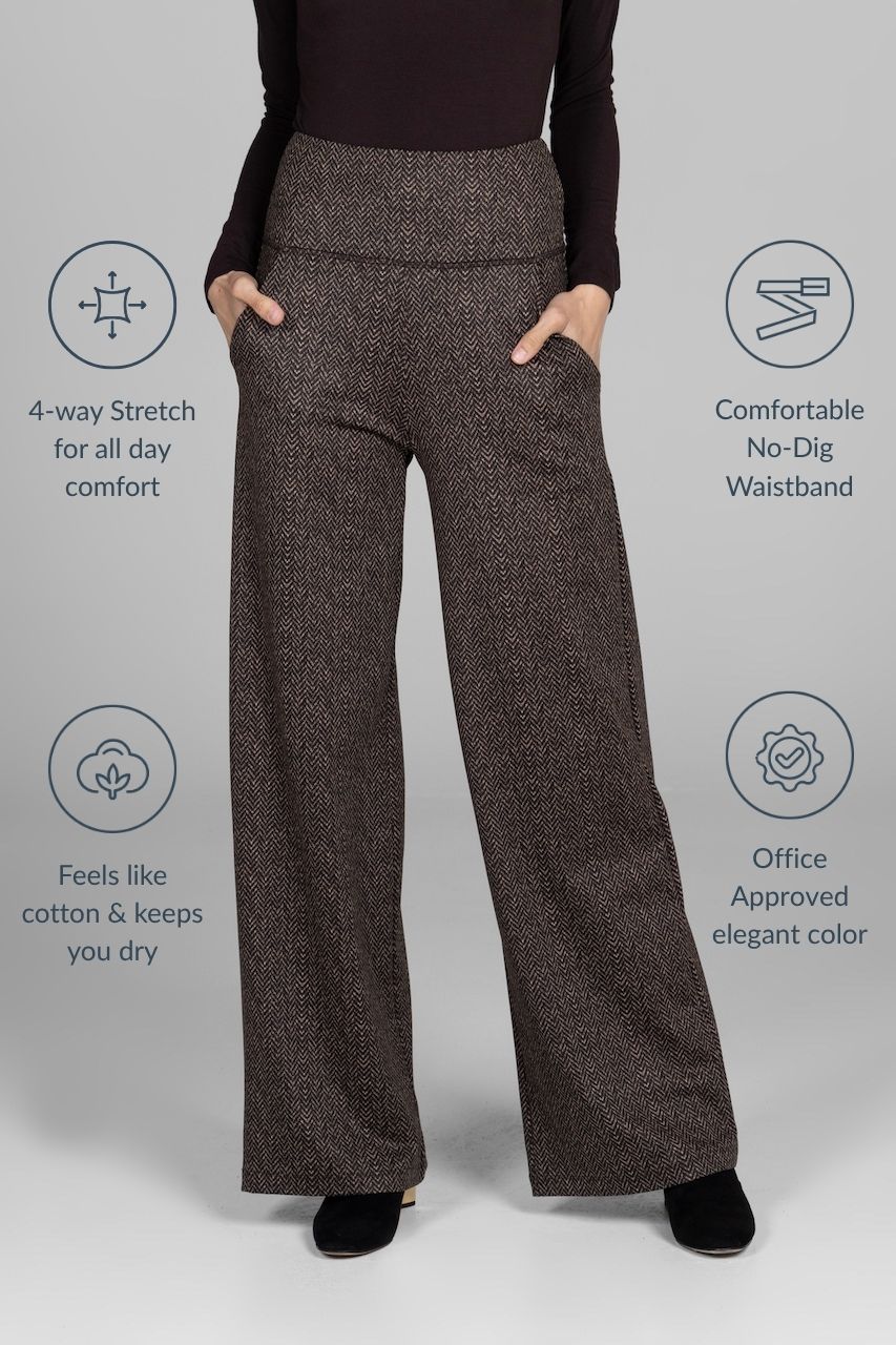 Brown herringbone high waist wide leg pants with text highlighting fabric features on a gray background