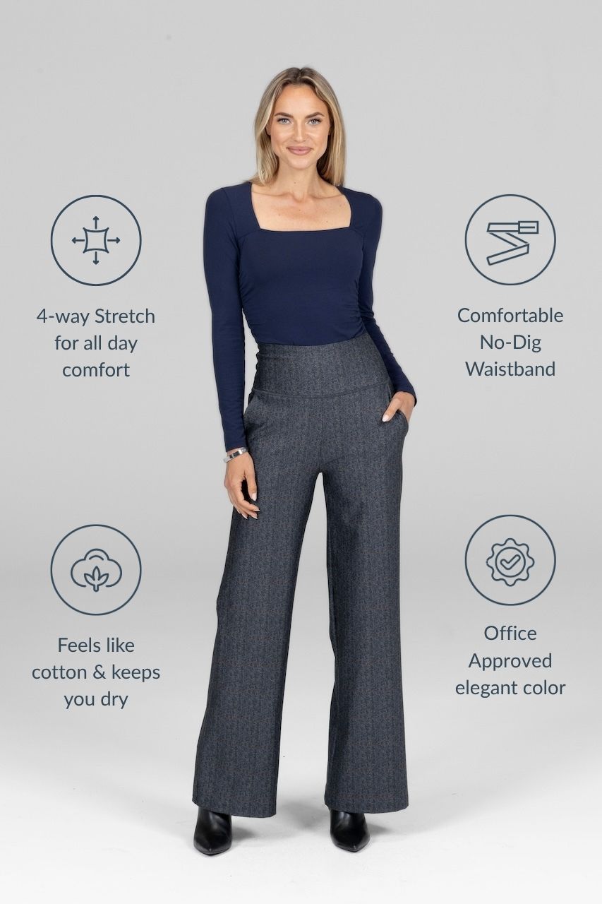 Woman wearing a navy top and gray high waist wide leg pants with product features highlighted on a white background