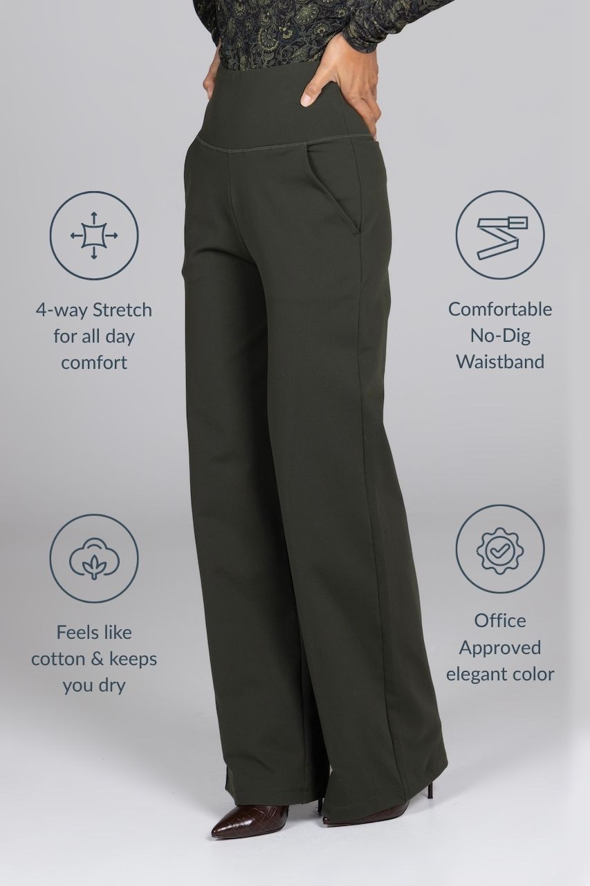 Green high waist wide leg pants with text highlighting features on a gray background