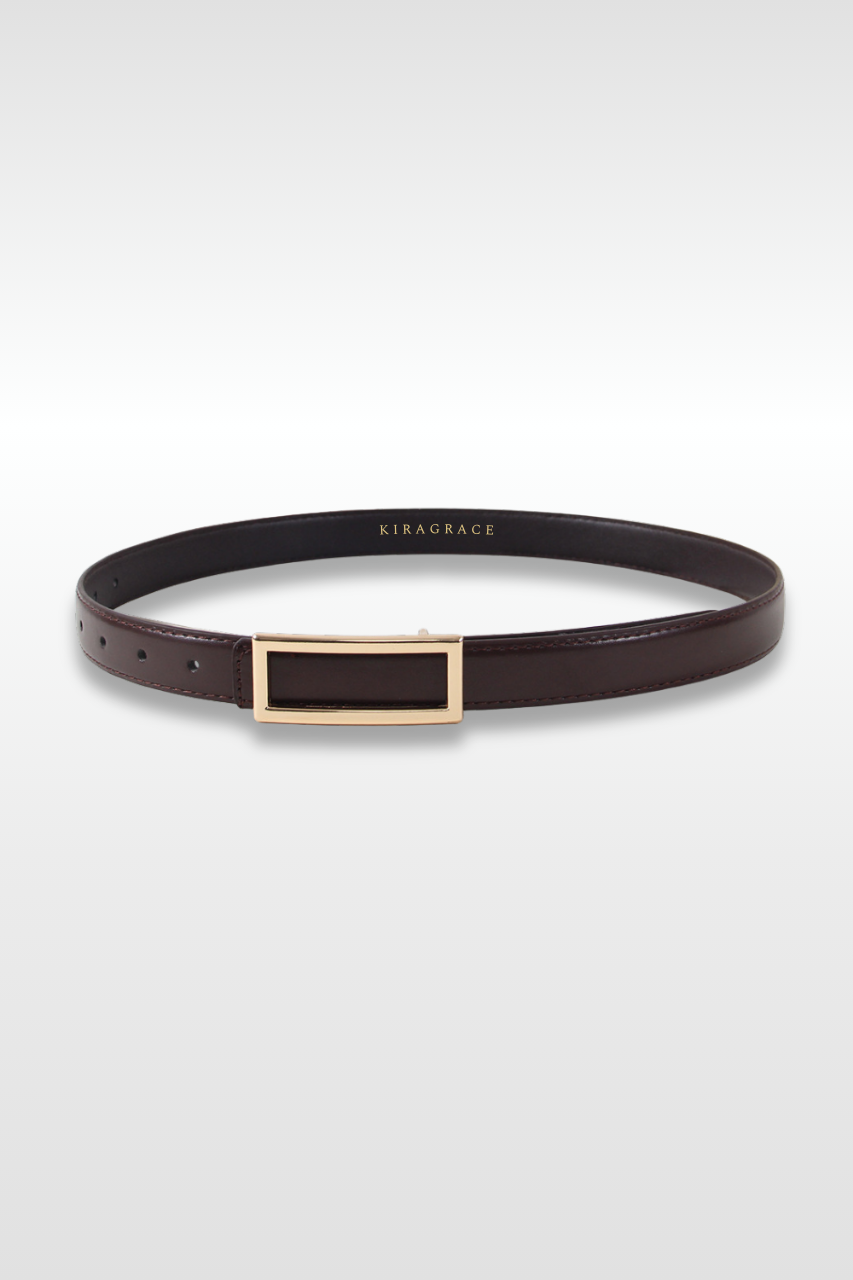 Brown belt with gold buckle and KiraGrace logo on a white background