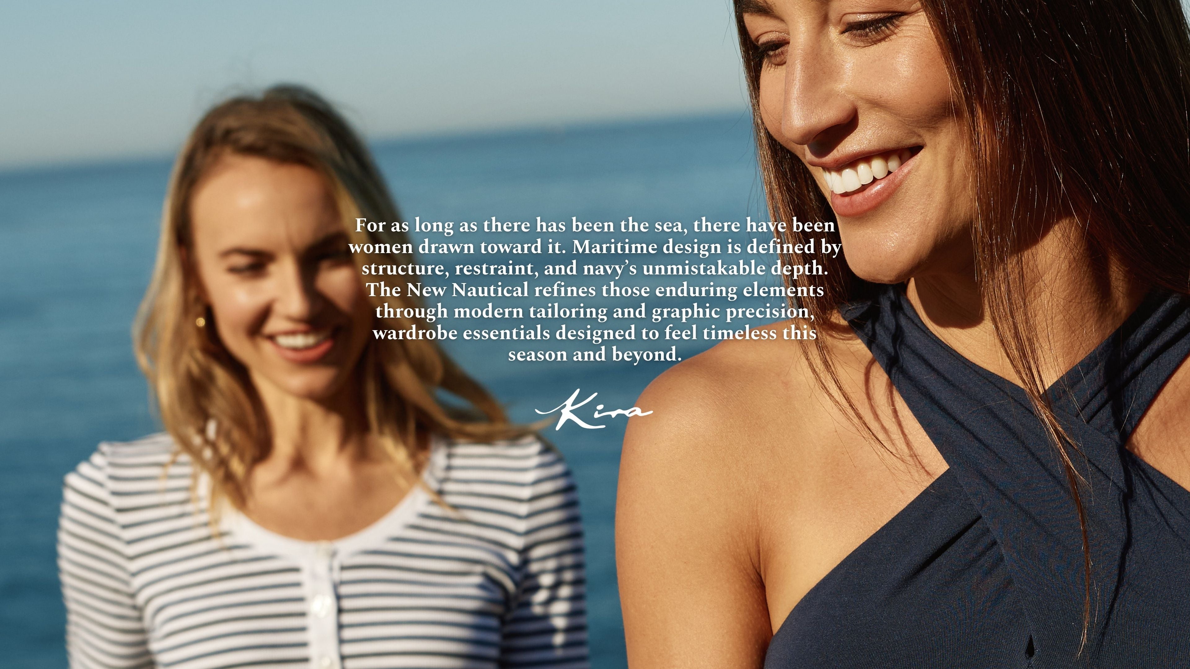 Two women standing by the ocean with a quote about maritime design.