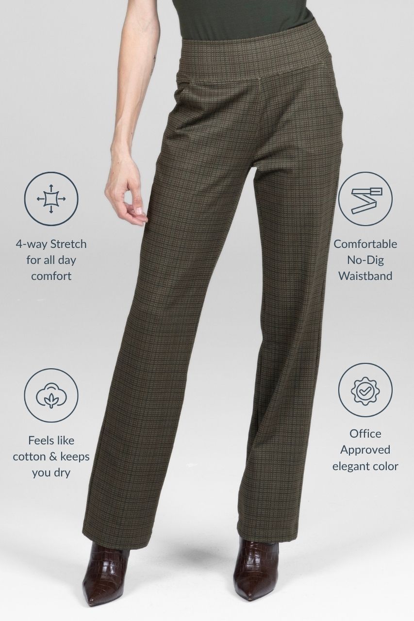 Loden plaid straight leg pants with comfort features on a gray background