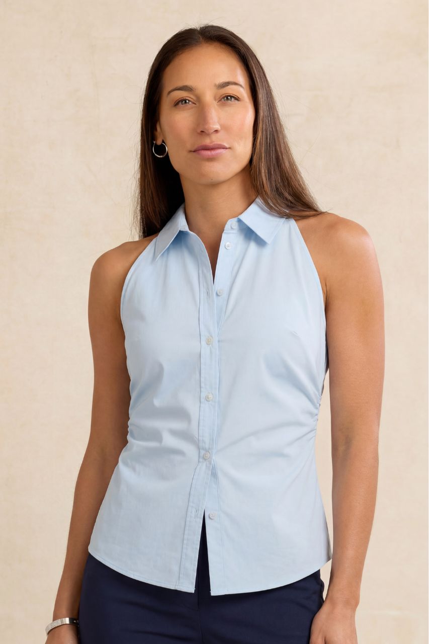 SLEEVELESS WOVEN SHIRT: LIGHT BLUE