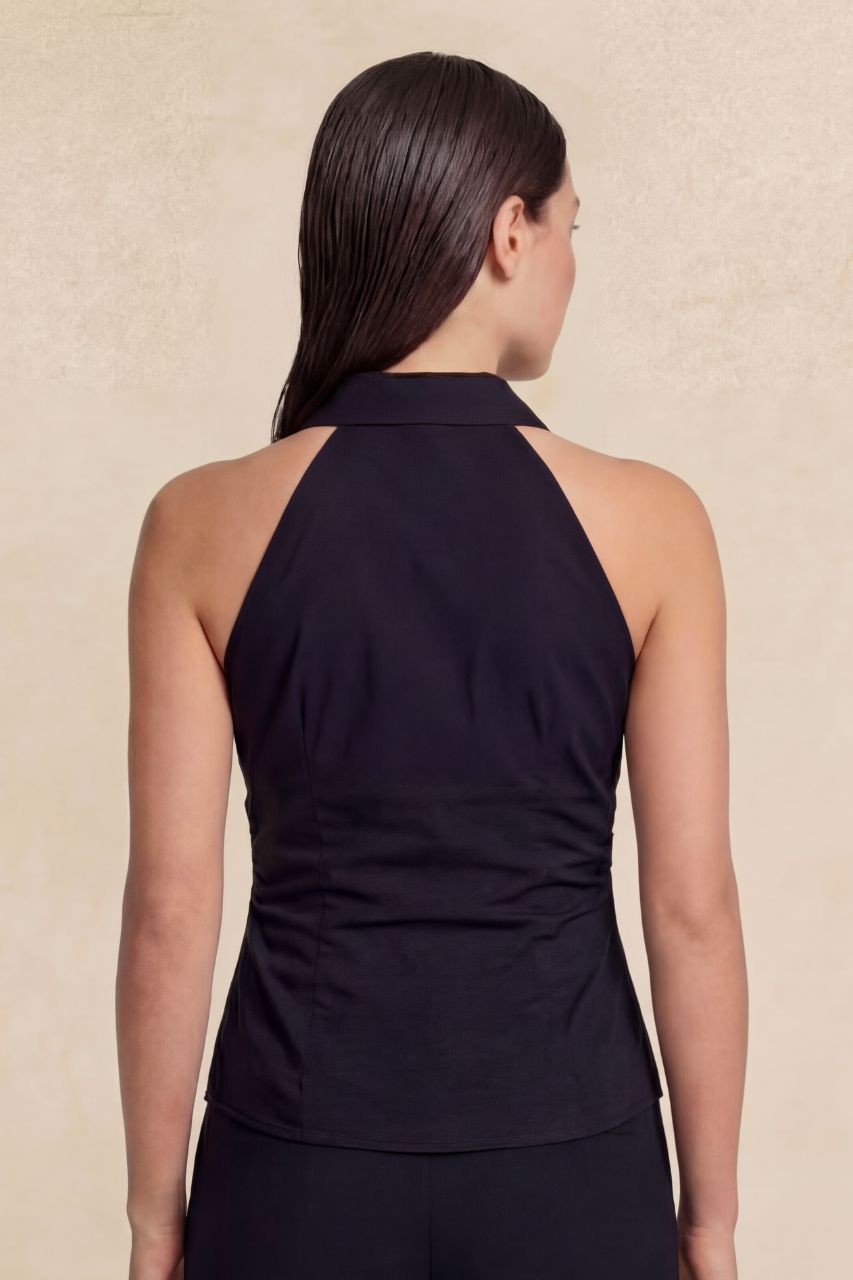 SLEEVELESS BUTTON SHIRT: BLACK