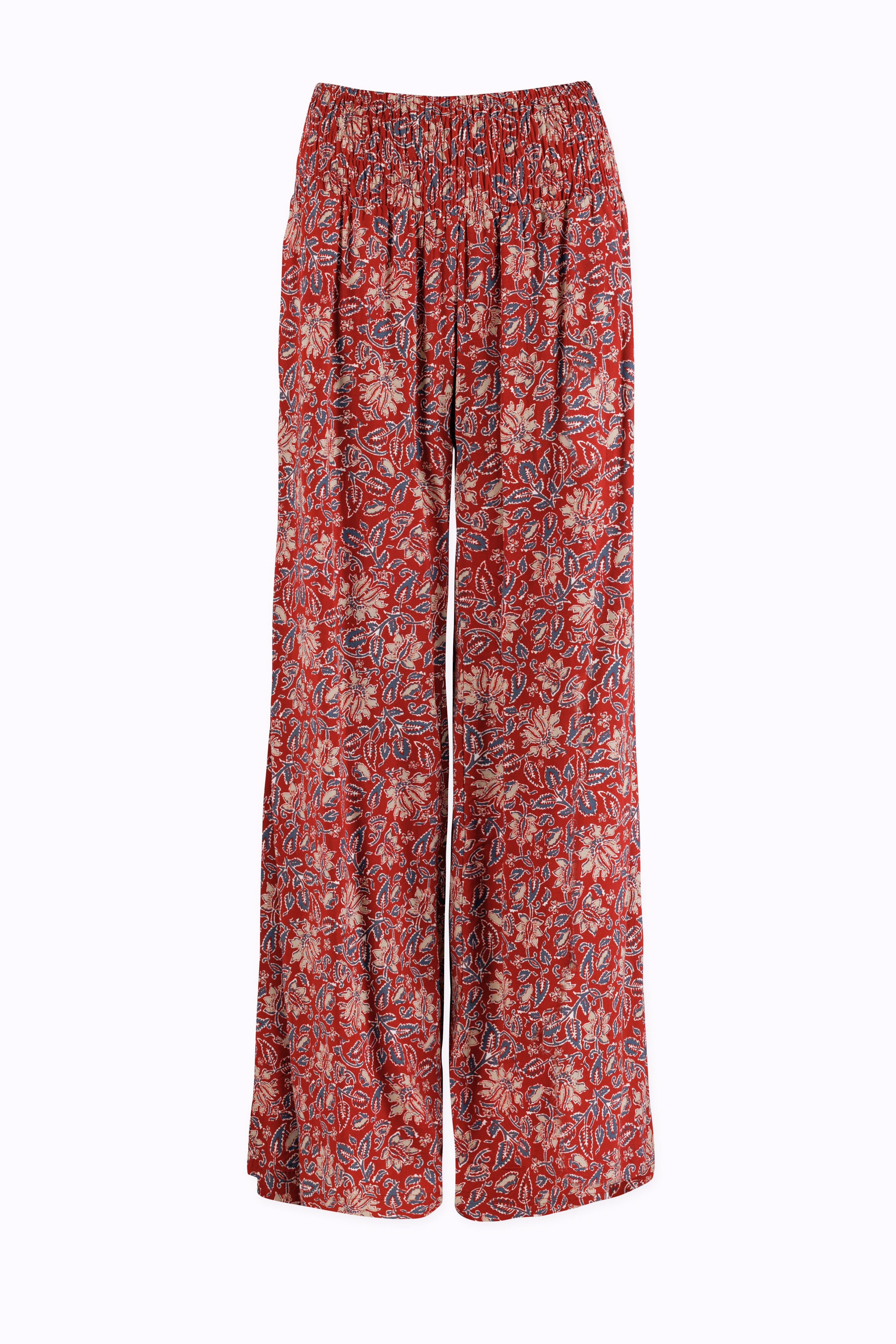 Red patterned floral pants on a white background