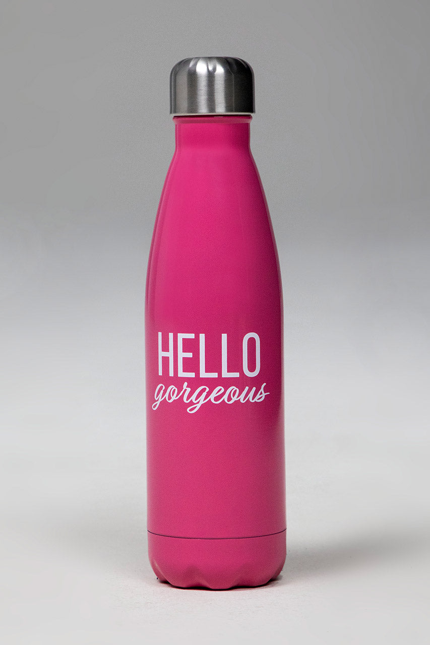 Front view of pink water bottle with hello gorgeous written on the front