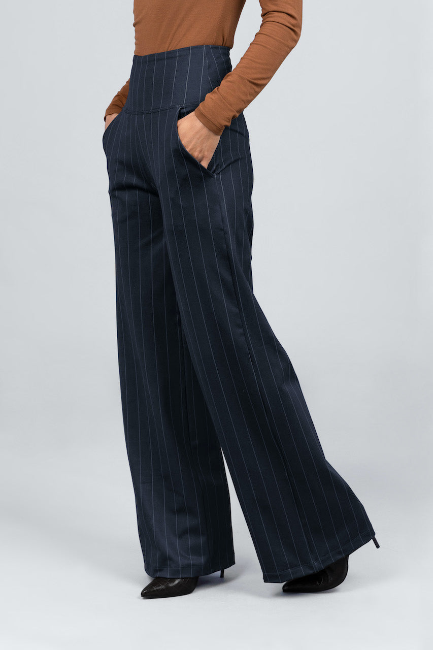 Navy pinstripe wide leg trousers hotsell