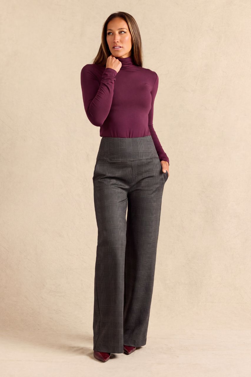 HIGH WAIST WIDE LEG PANT: CHARCOAL GLEN PLAID