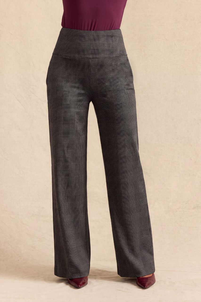HIGH WAIST WIDE LEG PANT: CHARCOAL GLEN PLAID