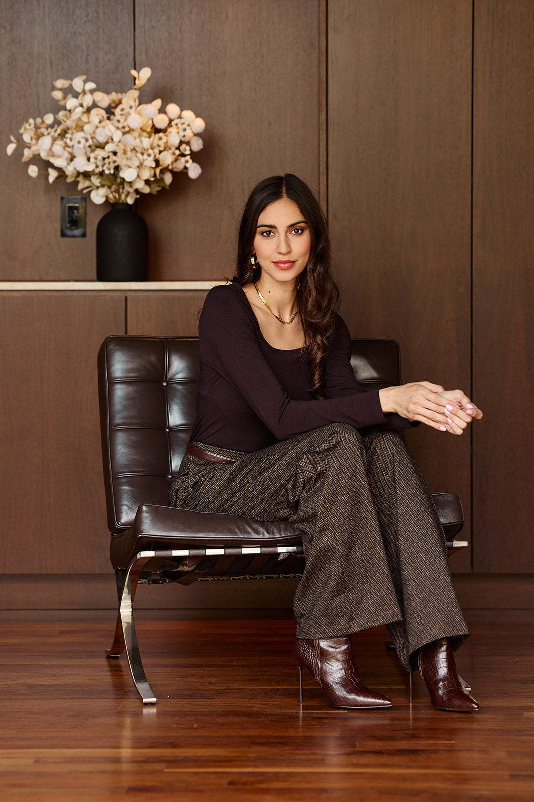 HIGH WAIST WIDE LEG PANT: HERRINGBONE CAMEL
