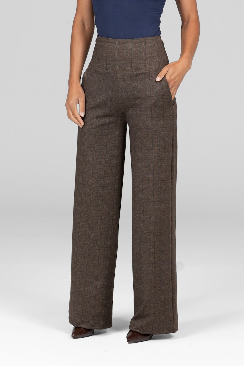 Front view of High Waist Wide Leg Pant in Heritage Plaid, showcasing the classic plaid pattern and high waist.