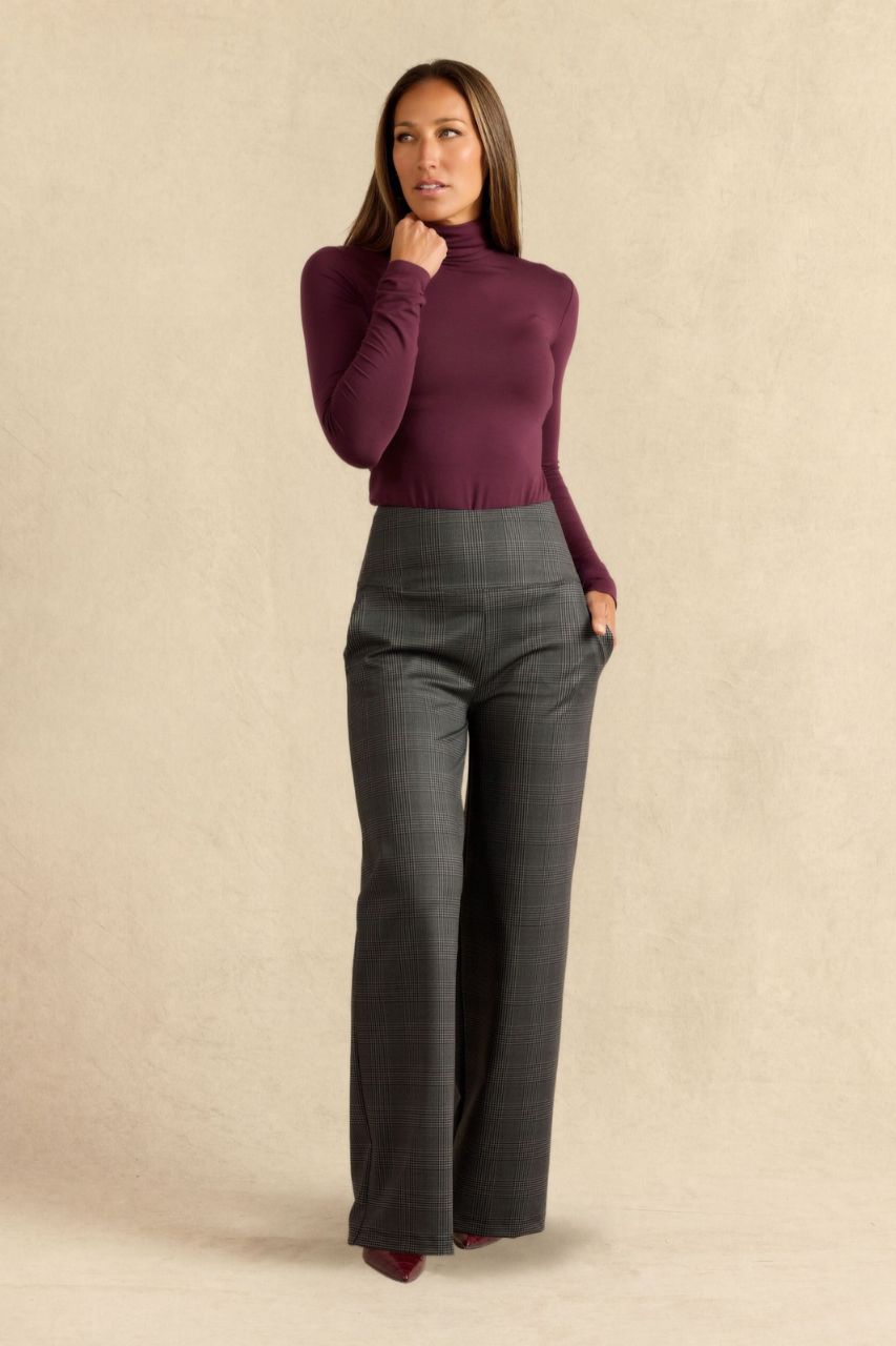 HIGH WAIST WIDE LEG PANT: CHARCOAL GLEN PLAID
