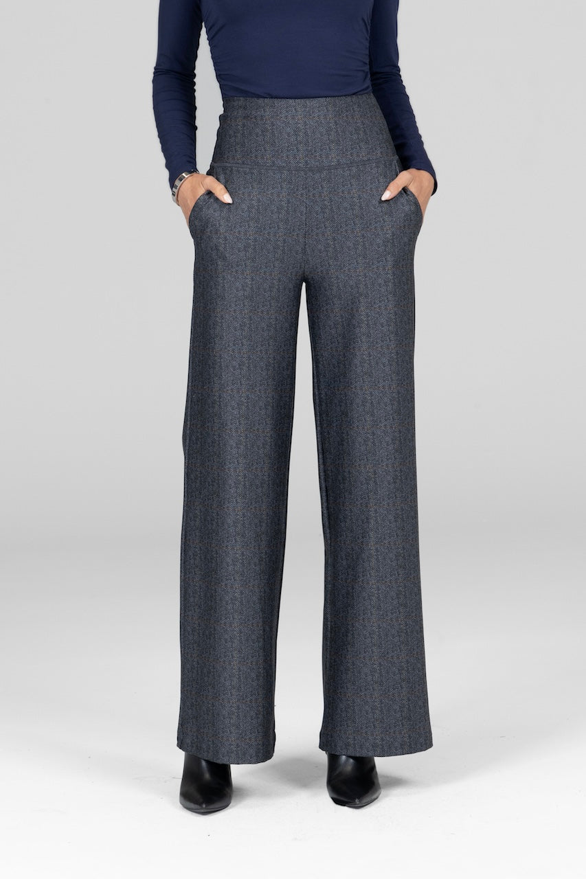 Front view of High Waist Wide Leg Pant in Irish Tartan, showcasing the classic plaid pattern and high waist.