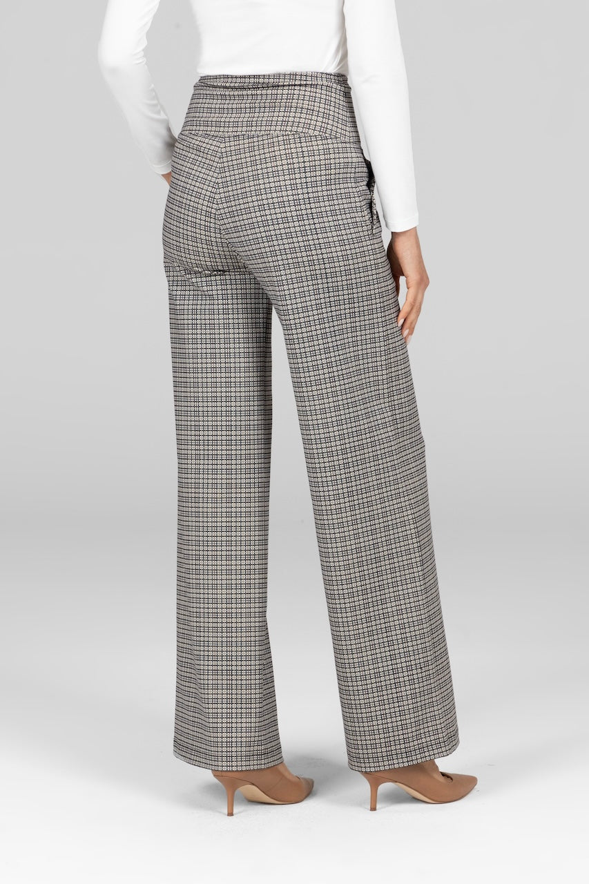 Back view of woman wearing tattersall printed high waist wide leg pants