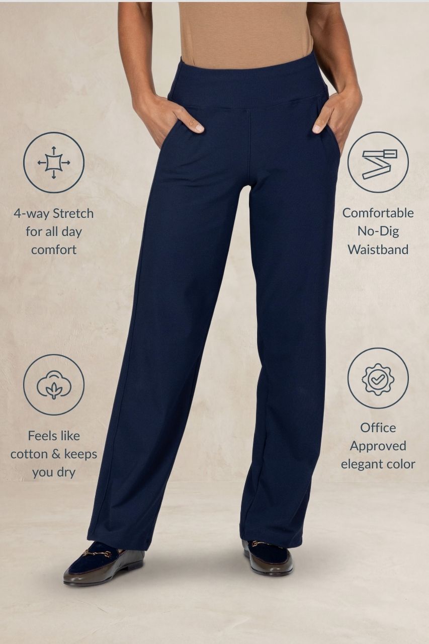 Navy blue pants with text highlighting features on a beige background