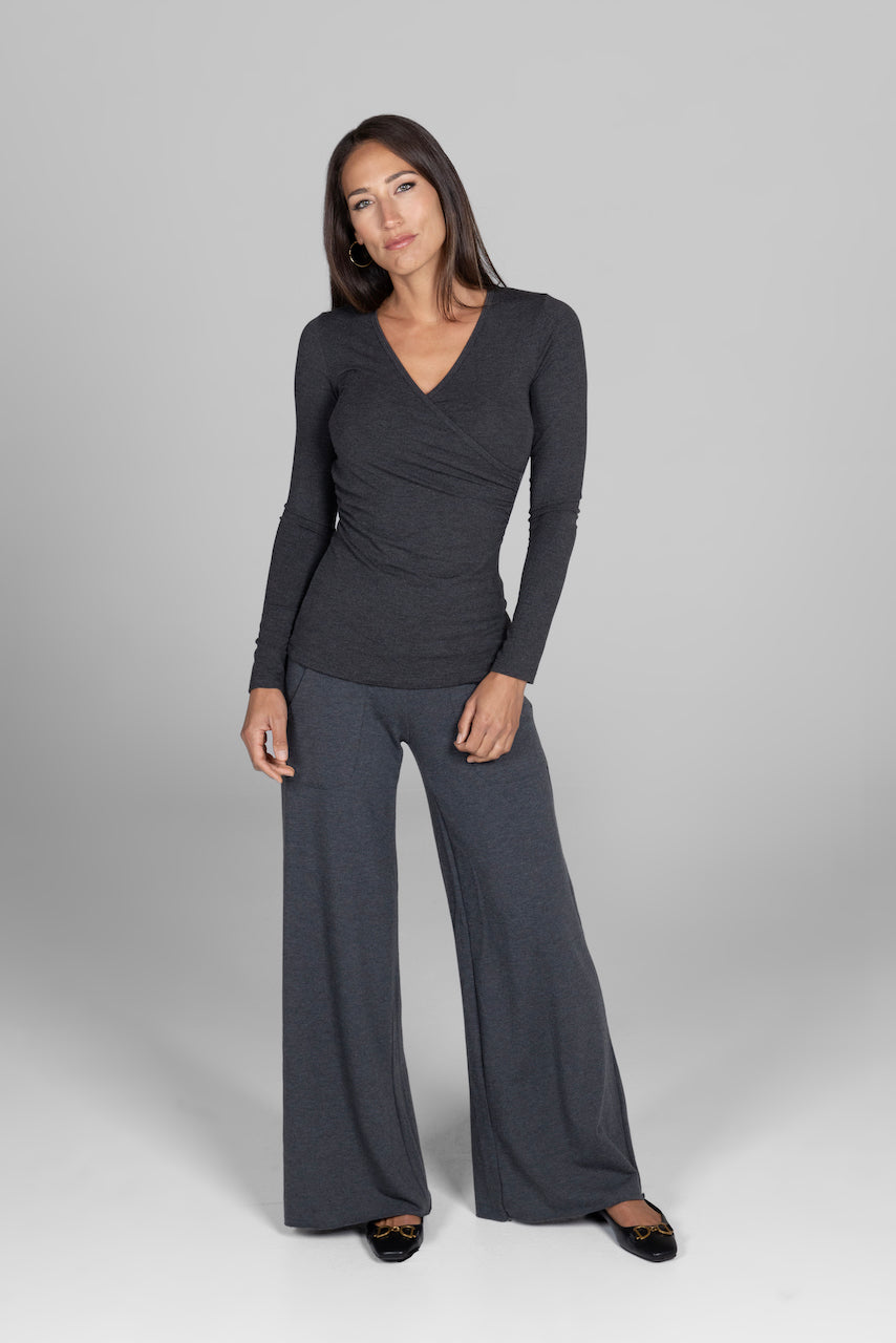 Full outfit front view featuring the Cozy Boho Yoga Pant in charcoal grey paired with a long-sleeve top, showcasing a comfortable and stylish look perfect for any casual occasion