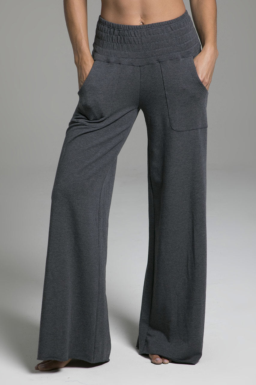 Front view of the KiraGrace Cozy Boho Yoga Pant in charcoal heather, highlighting the relaxed fit and soft fabric for a stylish yet comfortable look