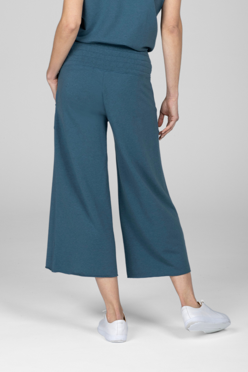 Back view of teal cropped wide leg lounge pants