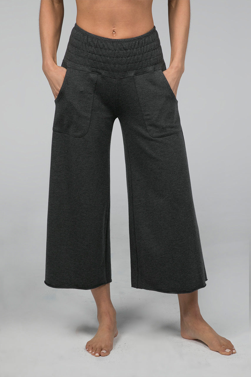 Front view of the Cozy Boho Crop Pant in charcoal heather, highlighting the relaxed fit and cropped length