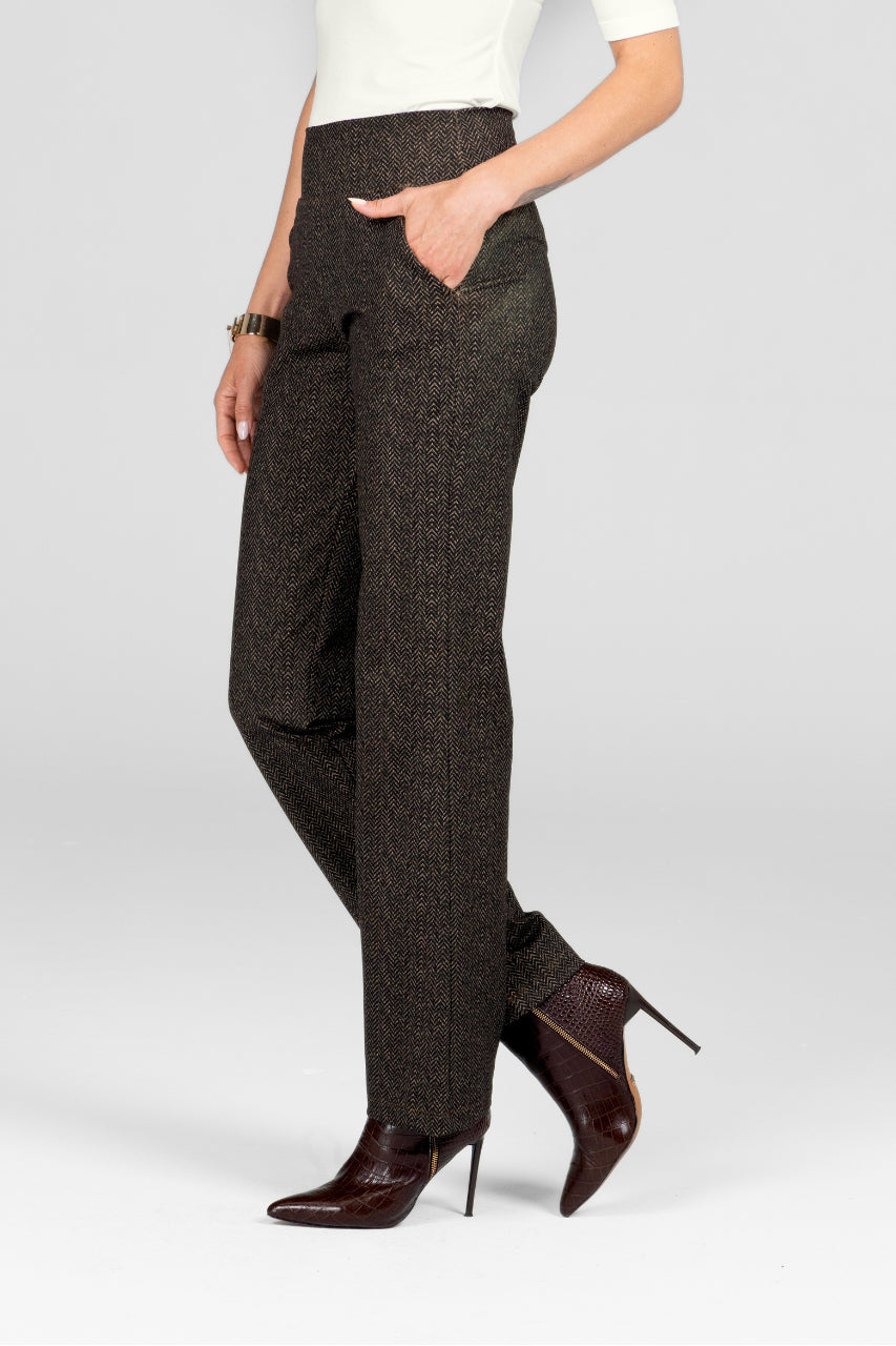 NINA STRAIGHT LEG PANT: HERRINGBONE CAMEL