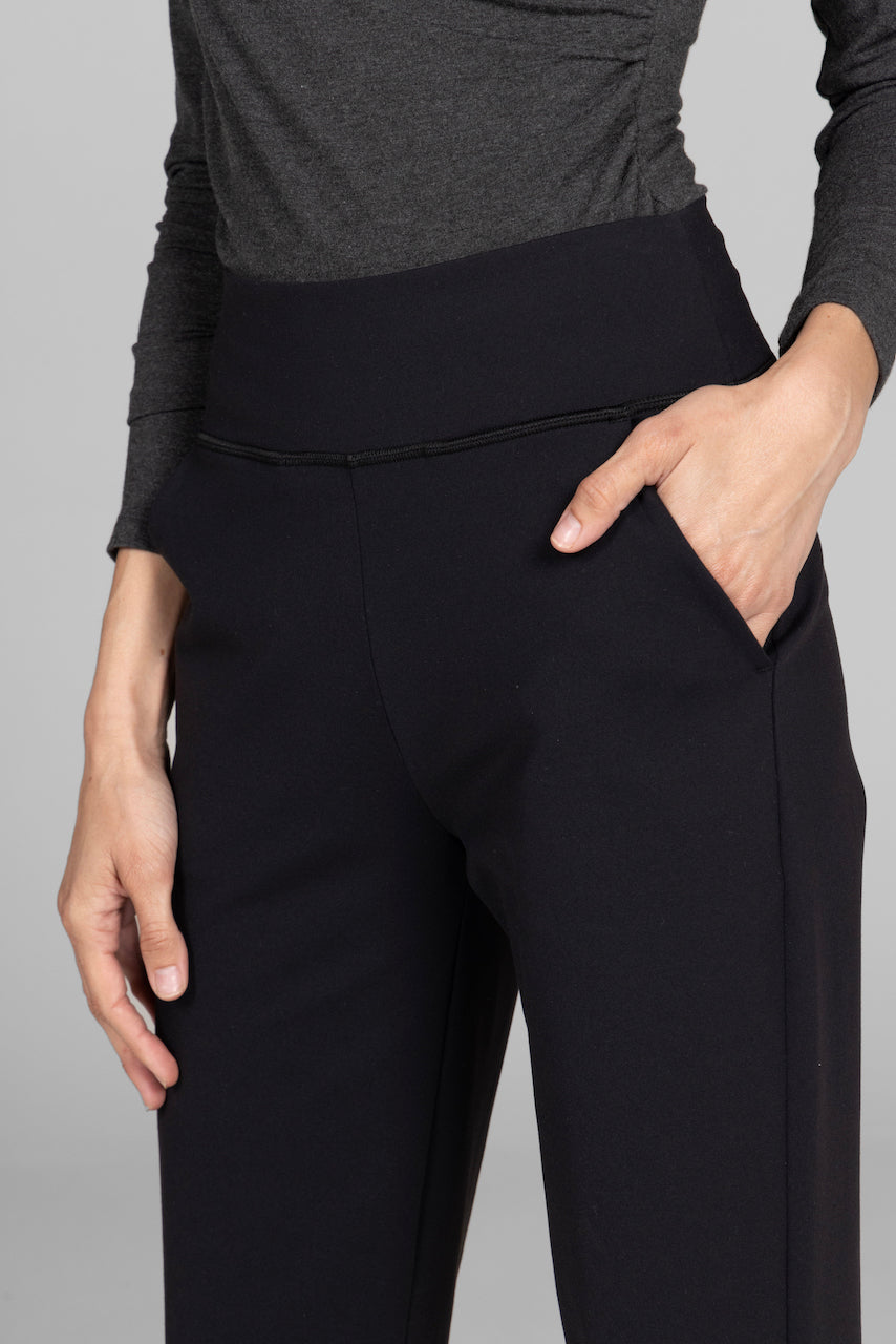 Close-up view of the Nina Straight Leg Pants in black, focusing on the fabric texture and details